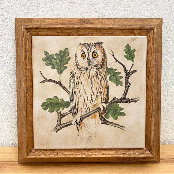 Vintage Owl Decorative Ceramic Tile Framed Art Wall Decor - Picture 1 of 10